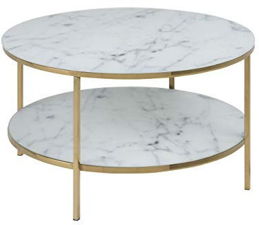 AC Design Furniture Antje Couchtisch Rund mit 1 Ablage aus Glas mit Marmoroptik in Weiß mit Metallbeine in Gold, Ø: 80 x H: 45 cm, Wohnzimmertisch Weiß und Gold, Sofatisch für das Wohnzimmer