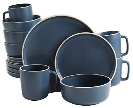 Gibson Home Zuma 16 Piece Round Kitchen Dinnerware Set, Dishes, Plates, Bowls, Mugs, Service for 4, Matte Stoneware, Blue