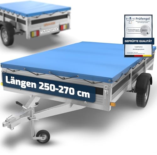 Tarpofix® Anhänger Plane 266 x 160 cm inkl. Planenseil | Anhängerplane Flachplane aus PVC PLANENMATERIAL | Verstärkte Eduard 2615 Anhänger Plane für PKW Hänger | Abdeckplane Anhänger Abdeckung | Blau