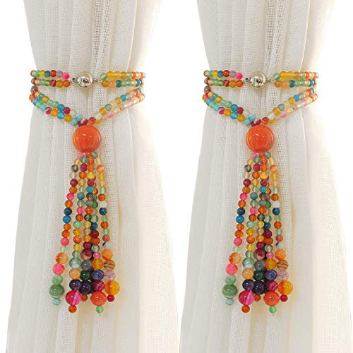 PEDOBO Magnetic Curtain Tiebacks, 2 Pack Colorful Agate Tassel Curtain Drapery Holdbacks, Boho Curtain Ties for Home Office Decorative