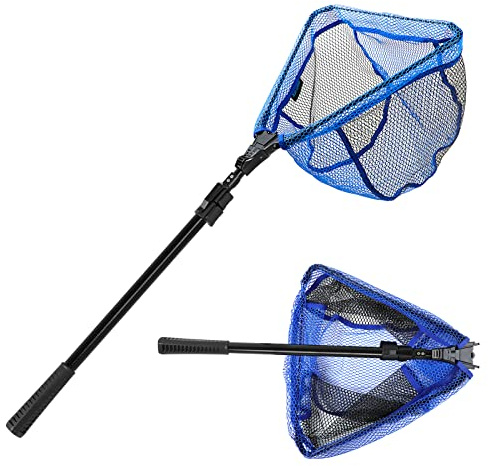 Faltbar Fischkescher Teleskop Netz Angelzubehör | teleskopierbar faltbar 110cm 180cm 250cm, schonendes Fiberglas Gumminetz, tauglich für Süß und Salzwasser Angelausflüge