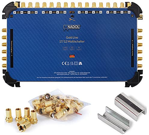 [Test 2X SEHR GUT*] Anadol Gold Line 17/12 Multischalter - für 4 Satelliten & 12 Teilnehmer - Sat Switch, sparsam Multiswitch - Digital, 4K UHD, externes Netzteil + Aufdrehhilfe + 29 F-Stecker