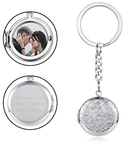 Zysta Personalized Text & Fotogravur Medaillon zum öffnen für Bilder Foto Schlüsselanhänger mit Gravur Vintage Charms Blume Schlüsselbund Amulett Keychain für Damen Mädchen