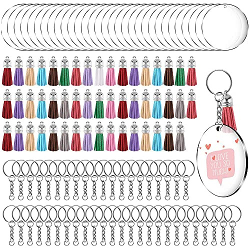 200 Stück durchsichtige Acryl-Schlüsselanhänger-Rohlinge mit Quasten, inklusive Schlüsselringe mit Kette und Biegeringe für DIY und Schlüsselanhänger-Bastelarbeiten (rund, 50 Sets)