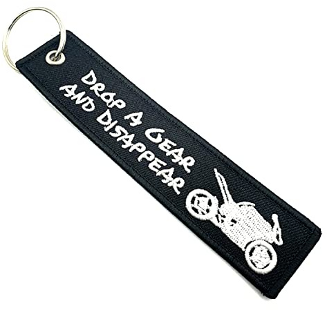SNS Components Drop A Gear And Disappear Motorbike Biker Black Embroidered Woven Luggage Tag Keyring Keychain