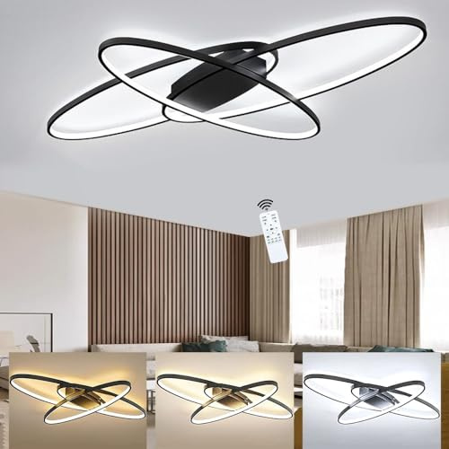 LED Deckenleuchte Dimmbar Modern für Wohnzimmer 130x85cm Schwarz 90W 7200lm | Deckenlampe Wohnzimmer mit Fernbedienung, 3000K‑6500K, Memory‑Funktion, 10‑100 % Helligkeit, Wohnzimmerlampe oval
