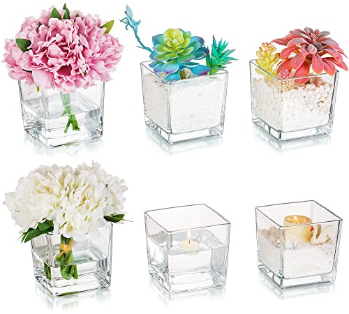 Square Glass Vases Set of 6 – Hewory 5x5 Clear Cube Flower Vase Candle Holders for Wedding Centerpieces Home Decor Events Party Ceremony (Not Include Flower and Candle)