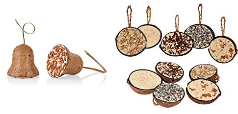 dobar 24101e Vogelfutterglocken - 8 gefüllte Futterglocken zum Aufhängen - Fettfutter für Wildvögel in Zwei Sorten - mit Nüssen & Mehlwürmern & 10x gefüllte Kokosnuss zum Aufhängen, 5 Sorten, 2 kg