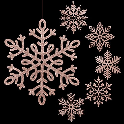 Sratte Große Glitzer-Schneeflocken, Ornamente, 30,5 cm, Kunststoff, riesig, Winter, Weihnachten, Hängedekoration, übergroße Schneeflocken, Ornamente für drinnen und draußen, 12 Stück (Roségold)