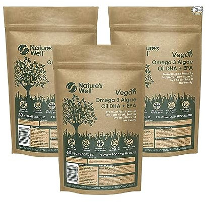 Vegan Omega 3 Algae Oil DHA + EPA, Significant Concentrate - 60 Vegetarian Capsules, Alternative to Fish Oils - Halal & Kosher - Made in The UK by Nature’s Well (Pack of 3 Pouch)