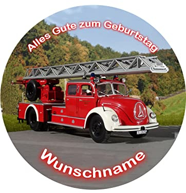 Tortenaufleger mit Wunschname, Feuerwehrauto, Feuerwehr, Essbares Foto für Torten, Tortenaufleger Ø 20cm - Super Qualität,00501