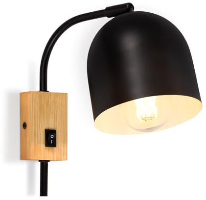 Glitzerlife Wandspots Holz Wandleuchte mit Schalter Wandlampe E27 | Schwenkbar Wandstrahler Schwarz Metall Vintage Flurlampe Innen Kinderzimmer Wohnzimmer Schlafzimmer Treppe Ohne Leuchtmittel