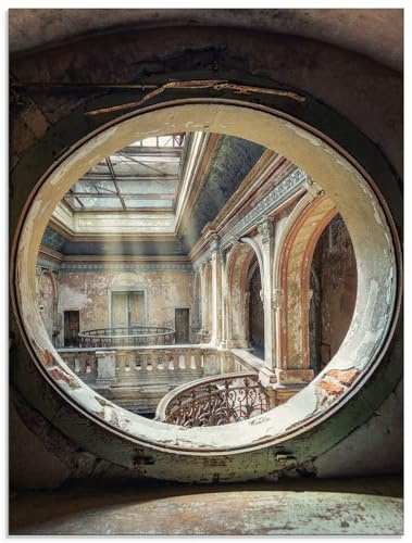 ARTland Wanddeko Glasbilder Wandbild Glas Bild einteilig 45x60 cm Hochformat Architektur Ruinen Treppe Bullauge Fenster Ornamente Licht Lost Places U4YD