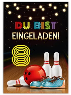 Minkocards 12 Einladungskarten zum 8. Kindergeburtstag Kegeln Bowling Mädchen Jungen Einladung achte Mädchengeburtstag Jungsgeburtstag