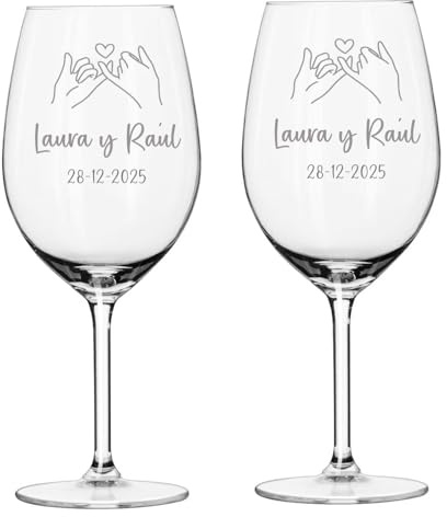 Curia Grabador 2 Copas de Vino Personalizada - Copa de Cristal Grabada para Vino con el Nombre o Texto que quieras - Sois los siguiente - Copas para novios, aniversarios (2, Manos corazon)
