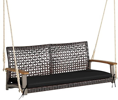COSTWAY Hängebank Outdoor, 2-Sitzer Schaukelbank Rattan mit Kissen | Gartenschaukel mit Akazienholz-Armlehnen, bis 360 kg belastbar, Hollywoodschaukel für Terrasse, Garten, 131 x 68 x 54 cm
