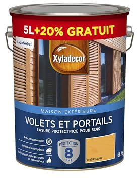 Xyladecor - Lasure Protectrice pour Bois Extérieur Acrylique - Volets, Portails, Portes, Fenêtres - Couleur : Satin Chêne Clair - Quantité : 5L + 20% gratuit