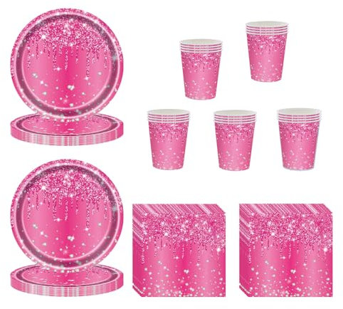 60 Pcs Hot Pink Tableware Set With Paper Plates, Cups and Napkins for Birthday, Wedding, Baby Shower - Party Supplies for Her, Girl, Women