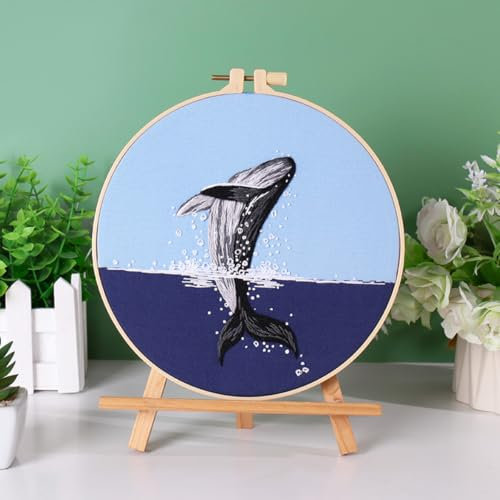 N.LANSHAN Sticken Für Anfänger Wale Auf See，Bastelset Für Erwachsene，Fantasietiere，Kreuzstichset，Starter-Werkzeugset，Mit Stickrahmen Und Anleitung，Für Diy-Kunst，Basteln，Stickstich 30x30cm