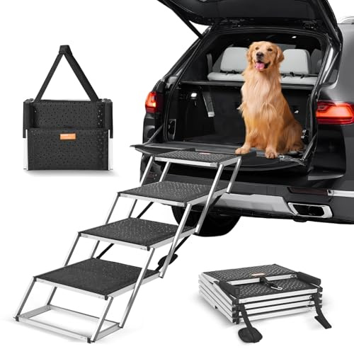 VEVOR Hundtrappa, 4 steg, hopfällbar hundtrappa, lastbil, 113 kg, halkfri yta, lätt aluminium, stort bärbart steg för husdjur, bil, SUV, lastbil