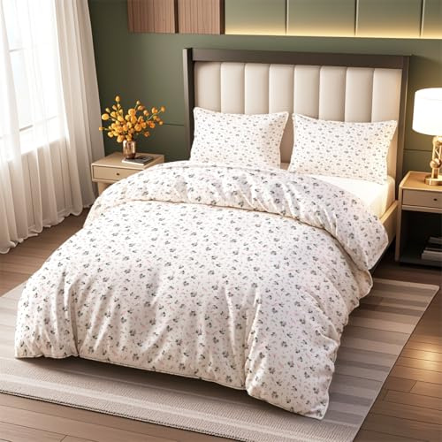 Tabeskly Pink Green Floral flower Soft Zipper Bed Bedding Duvet Cover Set Double White 200×200cm