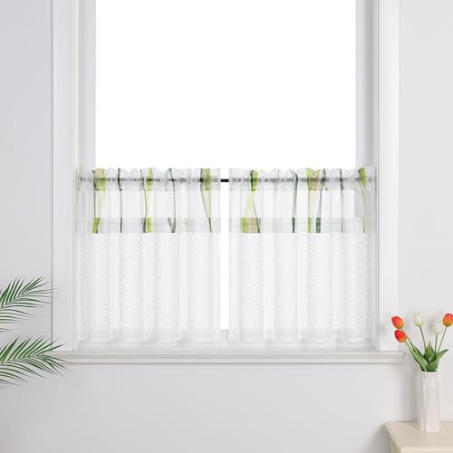 Joyswahl Scheibengardinen im Landhausstil Weiß Cáfe Gardinen Set Transparent Bistrogardinen Wohnzimmer Küchengardinen mit Spitze und Voile Grün HxB 60x145cm 2 stück