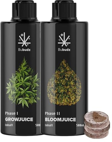 Bubudz Grow & Bloom Juice Set | Cannabis Dünger Blühphase & Wachstumsphase + Anzuchttöpfe | Hanf Flüssigdünger Komplettset | Indoor & Outdoor für Hanf Pflanzen | Biologisch & veganer Dünger