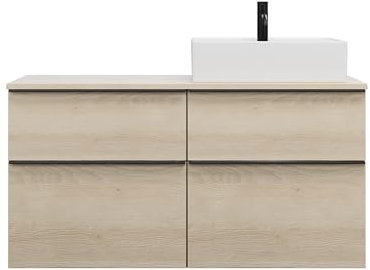 burgbad Eqio Keramik-Aufsatzwaschtisch quadratisch, rechts, inklusive Waschtischunterschrank mit 4 Schubladen, Breite 1200mm, SGUS120RF3180C0001G0252, Farbe: Eiche Dekor Cashmere/Eiche Dekor