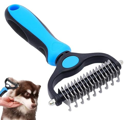 Double Sided Deshedding Dematting Tool - Undercoat Rake Dog, Cat Brush - Dog Brushes Shedding Hair - Dog Grooming Brush - Cat Grooming Brush, Blue