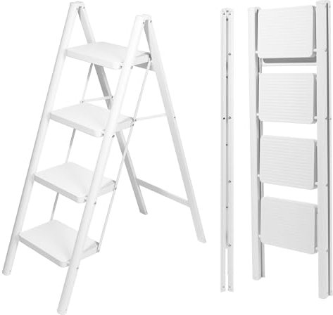 UZIRO Scaletta 4 Gradini, Scala Pieghevole e Compatta Con Pedali Larghi Antiscivolo, Facile da Riporre e Trasportare, Colore Nero (Bianco)