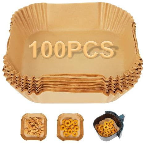 NEXROLA papel para freidora de aire,Carta da forno per friggitrice ad aria 100 hojas, apto para freidoras de aire de 5-8 litros (16 x 16 x 4,5 cm), papel sulfurizado resistente a altas temperaturas