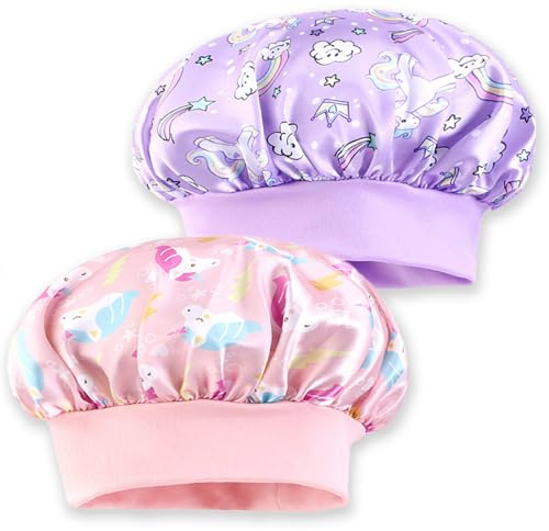 NICECONE 2 Pcs Kids Unicorn Silk Satin Bonnet, Adjustable Elastic Soft Pink & Purple Satin Hair Bonnet Sleep Capfor Toddler Girls, Cute Unicorn Nightcap for Sleeping