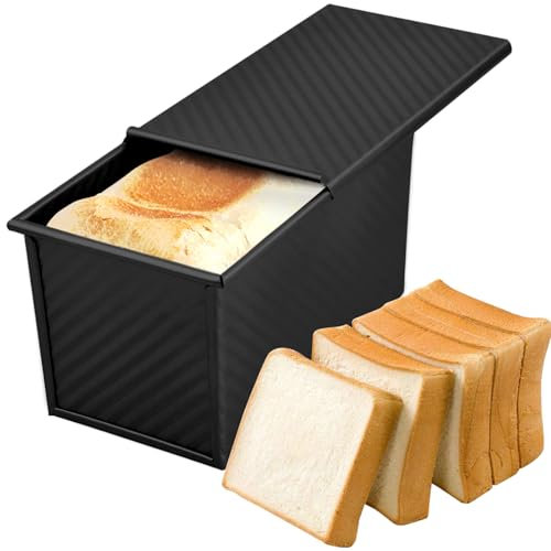 PTJJXA Molde para Pan con Tapa, Molde de Tostadas de Acero al Carbono, 19.2x10.2x11,5 cm Pan Pullman Rectangular, 450g, Antiadherente, de Acero al Carbono para Hornear, Pasteles (Negro)
