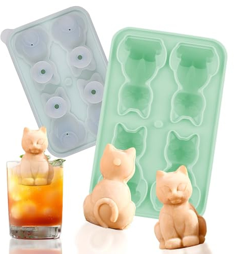 Eiswürfelform, dellyy Silikon Eiswürfelform Niedliche Katze,Wiederverwendbar Ice Cube Tray, 4 Fach Eiswürfel Form mit Deckel, Eisformen Silikon für Eis, Whiskey, Cocktail, Saft