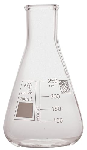 Camlab Graduated 3,3 Borosilicate Glass Erlenmeyer Flask, With Narrow Mouth, Conical Flask, Chemically Resistant and Heat Resistant, 250ml Glass Beaker, Pack of 1