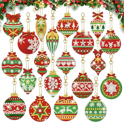 PAPAcroscoma 20 Stück 5D Diamond Painting Weihnachten Anhänger Bastelset | für Kinder DIY Weihnachtsbaum Deko Heimdekoration Schlüsselanhänger (Installationstools enthalten)