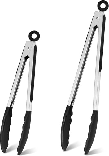 2-Piece Kitchen Tongs Set (9 inches + 7 inches) Stainless Steel Food Tongs with Silicone Tips and Locking Clamps - Heat Resistant, Non-Slip Handles, Suitable for Cooking, Serving and Barbecuing.