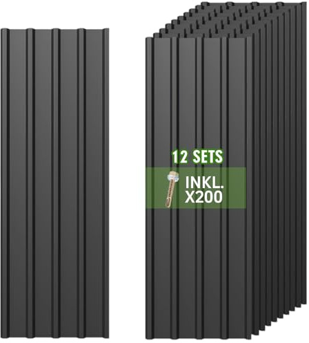 Warmfay® 12PCS Roofing Sheets, 115x45cm (6.21m²) Corrugated Metal Roof Sheeting Plates with 200 Screws, Black Galvanised Metal Trapezoidal Grooved Roof for Greenhouse, Carport, Garage