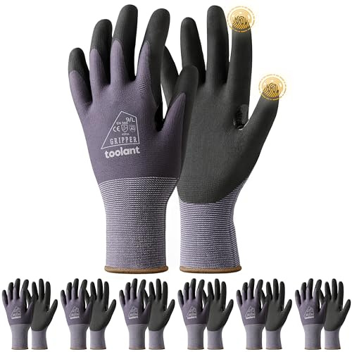 toolant 6 Pairs Work Gloves MicroFoam Nitrile Coated, 15 Gauge Breathable Nylon with Grip in Wet & Oily Condition, Touchscreen, Certified Working Gloves Bulk for Gardening, Warehouse,Automotive,Gray,L