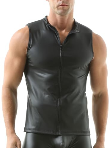 YOOBNG Hombres Cuero Falso Chaqueta Sin Mangas Sub-Camiseta Mirar Cuello Mojado Redondo Camiseta de Noche