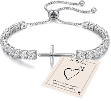 HEEYA Bracelets for Womens Sterling Silver Plated Tennis Bracelets Crystal Slider Women Bracelet Diamond Zirconia Lady Bracelet Birthday Gifts for Mum Sisters with Cards, Silver/Rose Gold