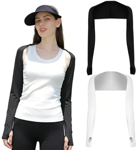KAHZOR 2 piezas Manguitos Bolero con Protección UV,Chal Mujer,Refrigerantes con Agujeros para los Dedos,Tipo Guantes,Respirable,Seda de Hielo,Ciclismo,Running,Actividades al Aire Libre,Verano