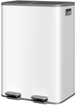 Garvee Cubo de Basura Cocina, Papelera Doble de Clasificación 2x30L - Acero Inoxidable Anticorrosivo, con Pedal, Tapa Independiente, Cierre Suave y Fijación 95°, Color Gris Blanco, para Cocina/Salón