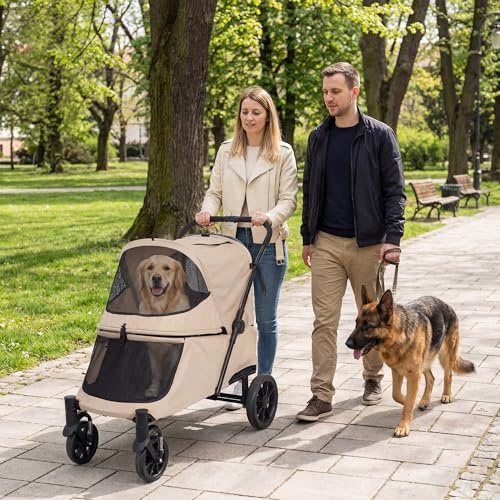 LAUSAINT HOME 4-Rad-Tierwagen, klappbarer übergroßer Hundewagen für mittelgroße und große Hunde mit integrierter Rampe, leichter Transportwagen für Hunde & Katzen mit atmungsaktivem Netz, Khaki