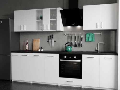roe furniture Moderne Küchenzeile ohne Elektrogeräte in Weiß Matt – Einbauküche mit viel Stauraum – Erweiterbares 2,8-m-Set inkl. Arbeitsplatten in Sonoma – 280 x 82 x 46 cm (B/H/T)