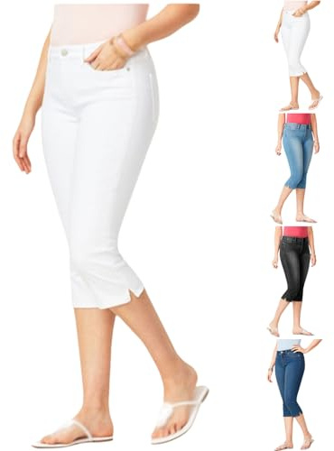 Dam stretch denim caprijeans, trendig medelhög midja sidoslitsfåll stretch skinny denim capribyxor ledig sommar, Vitt, XXL