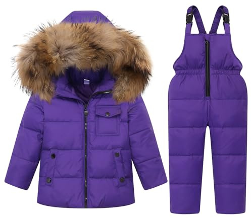 JiAmy Kids Winter Puffer Jacket and Snow Pants 2-Piece Snowsuit Ultralight Skisuit Set Purple,110/3-4 Years