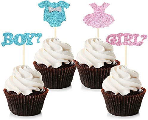 Blumomon 24Pcs Boy or Girl Cupcake Toppers Glitter Onesie Jumpsuit Cupcake Picks Baby Shower Cake Toppers Kids Birthday Gender Reveal Party Cake Decorations Supplies