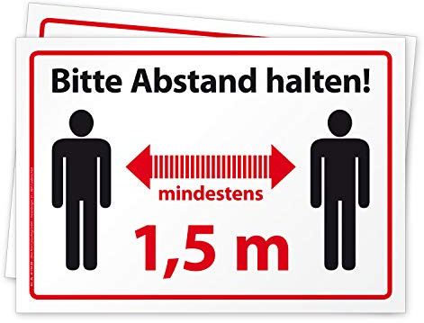 2 hochwertige Aufkleber Bitte Abstand halten mindestens 1,5 m, Hinweisschild mit rotem Warntext, Folie selbstklebend DIN A4 (297 x 210 mm)