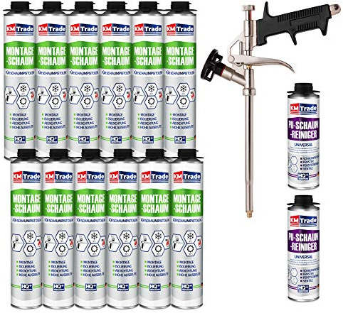KM Trade Bauschaum-Set - Inkl. 12x 1K Montageschaum (je 750 ml), 1x Schaum-Pistole & 2x PU-Schaum-Reiniger (500 ml)